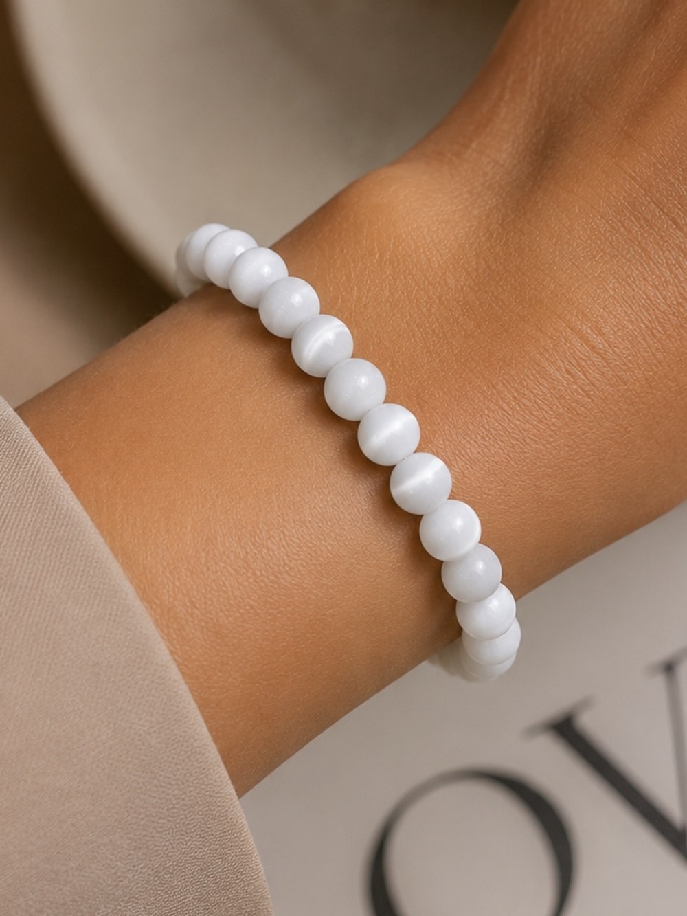 Prosperity & Protection White Cat’s Eye Glass Beaded Bracelet